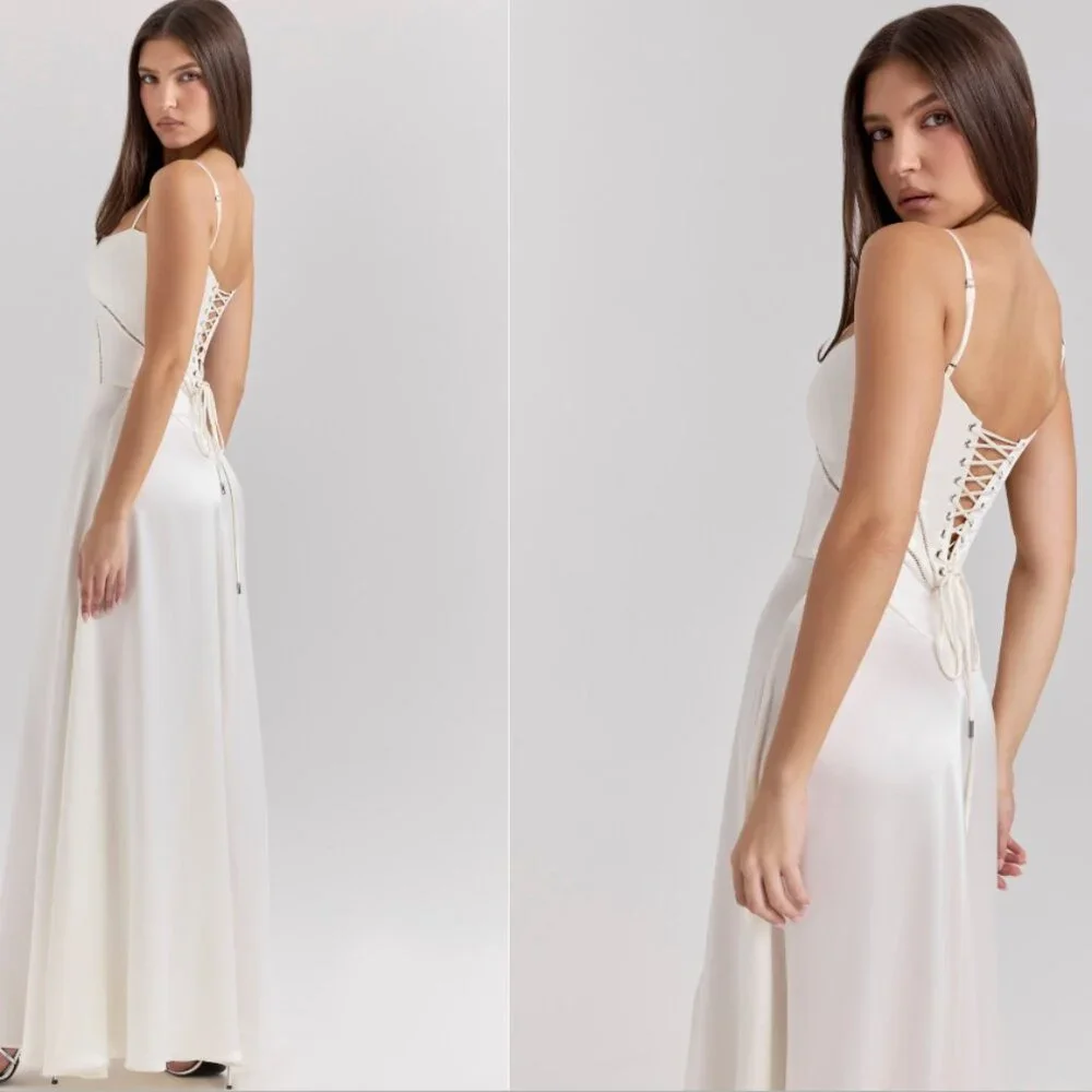 House of CB 'Anabella' Ivory Satin Lace Up Maxi Dress NWOT - Picture 4 of 8